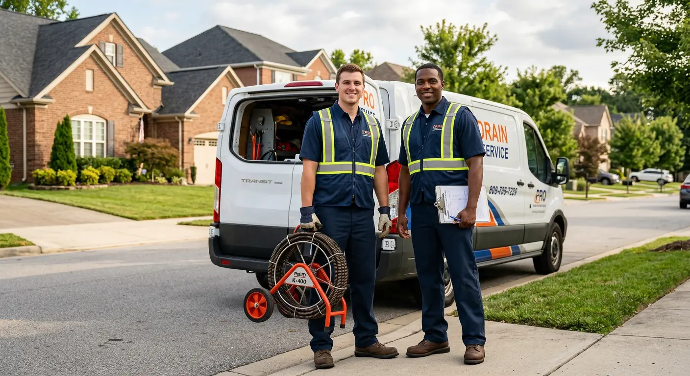 Sewer and drain service team with equipment ready for work in Franklin